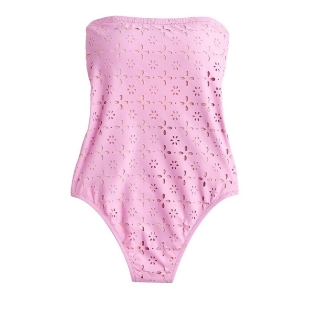 J Crew Eyelet Bandeau One Piece Swimsuit Pink Size 12 NWT High Leg